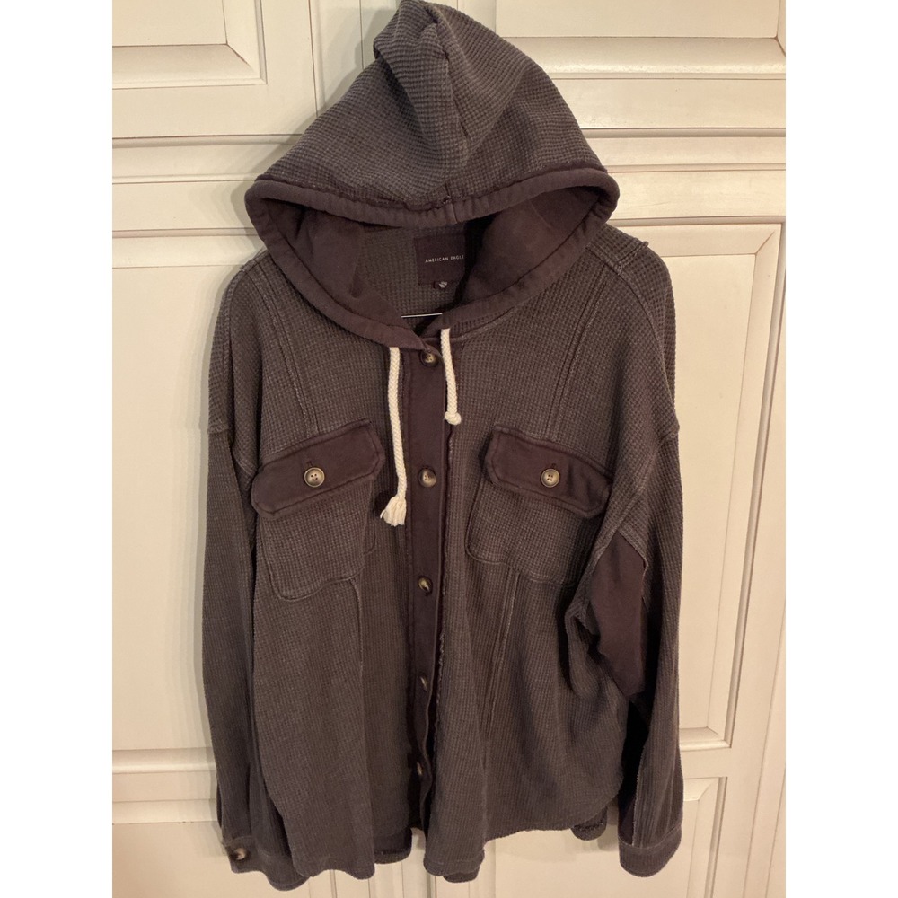 American Eagle Charcoal Gray Waffle Knit Hooded Button Front Shirt Jacket XL